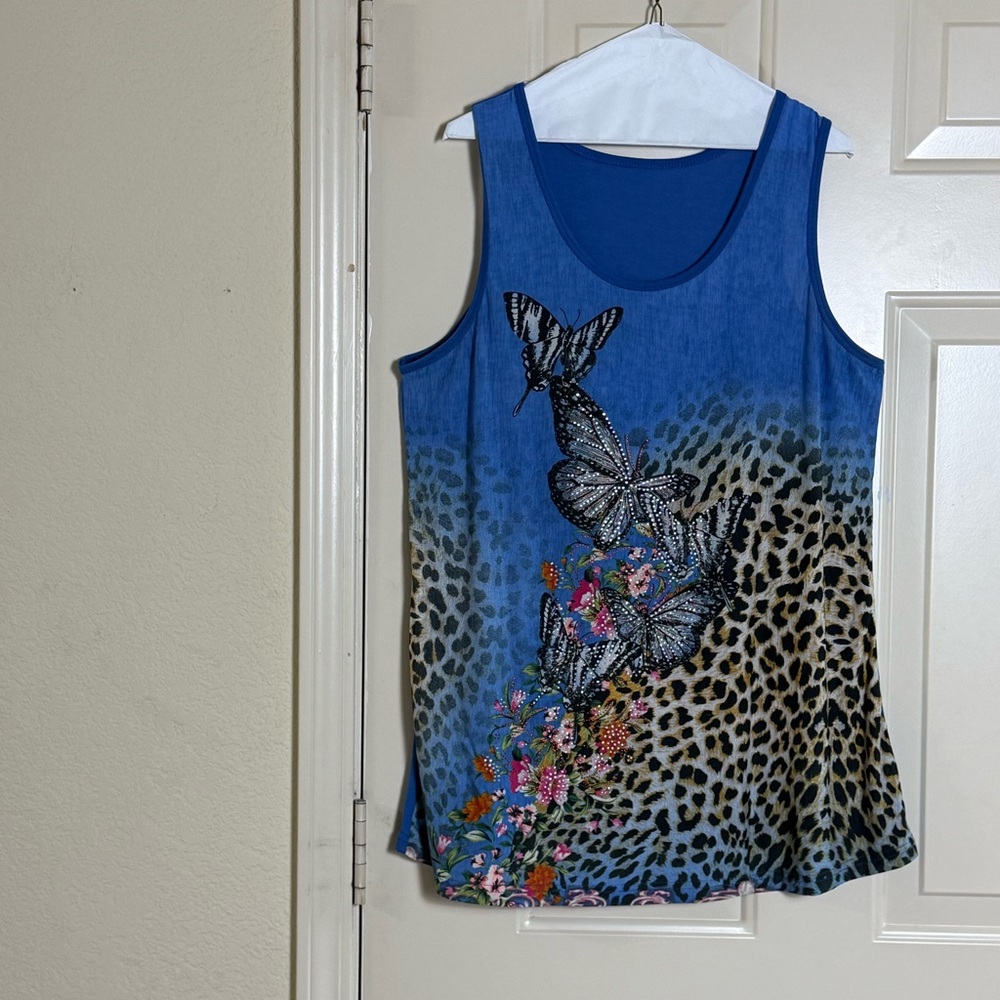 Women's Blue Sparkles Butterflies Flowers Leopard  Design Tank Top Size X1